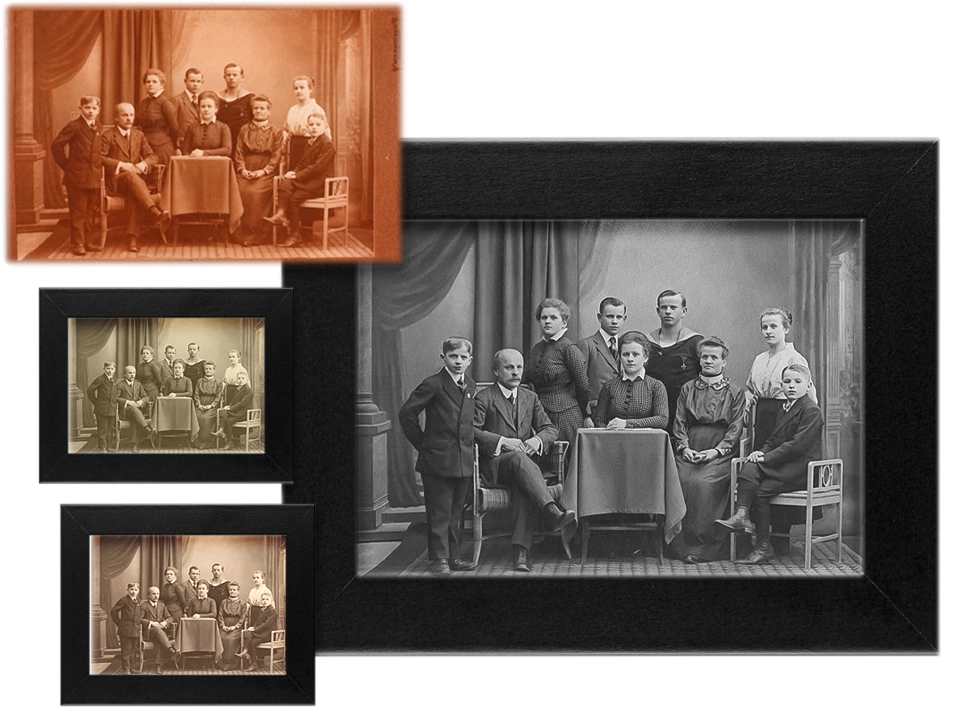 Dargestellt ist der Prozess der Bild-vom-Bild-Fotografie: Ein originales, gealtertes Sepia-Familienporträt wird in mehreren reproduzierten, scharfen Schwarz-Weiß-Exemplaren in Bilderrahmen präsentiert, um die hohe Qualität des Reproduktionsservices zu zeigen.